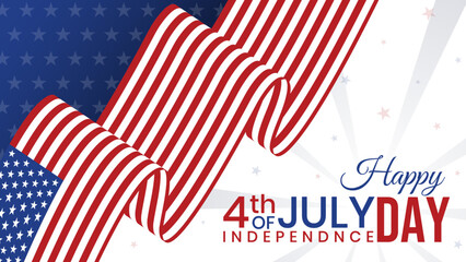 Happy 4th of July banner. American Independence day background with USA flag ribbon and stars.