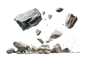 Stone debris suspended in air showcasing destruction and fragmentation process captured in a simplified environment