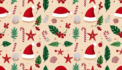 Pattern featuring Santa hats, candy canes, starfish, seashells, holly leaves on a light background. Christmas packaging.