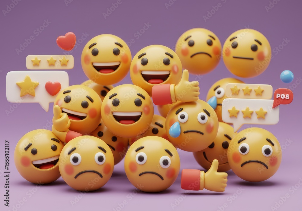 Fototapete A collection of yellow emojis with various expressions on a purple background in a digital rendering