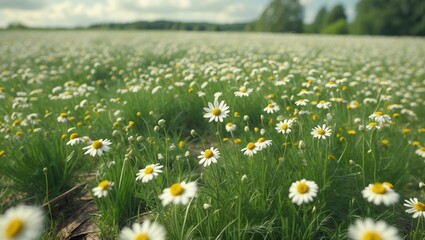 A field of daisies in full bloom on a sunny day with greenery and trees in the background.