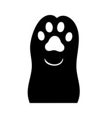 Cute black cat paw print with happy face isolated on transparent background