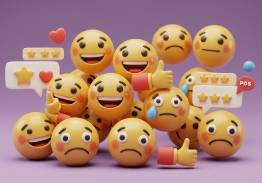 A collection of yellow emojis with various expressions on a purple background in a digital rendering