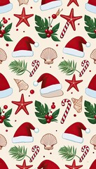 Pattern featuring Santa hats, candy canes, starfish, seashells, holly leaves on a light background. Christmas packaging.