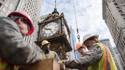 Diverse construction workers installingmaintaining an ornate vintage clock in a city. Illustrates precision, teamwork, and honoring history. For projects about urban development.