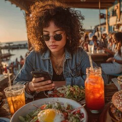 Young Woman Using Smartphone at Sunset Restaurant