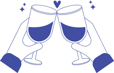 Cheers celebration line art with two hands clinking champagne glasses, fireworks, and streamers, perfect for party invitations, festive announcements, New Year designs, or joyful occasions.	