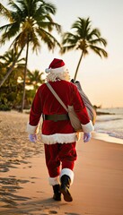 Santa Claus walking on a beach at sunset. Palm trees line the shore. The scene conveys a festive holiday atmosphere