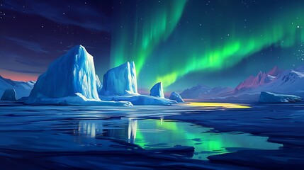Celestial Lights of the Arctic: A vibrant display of the aurora borealis dances above icy glaciers and frozen waters, illuminating the Arctic night sky in a stunning spectacle.
