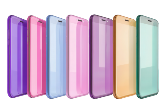 Colorful smartphone plastic icons arranged in a row showcasing playful designs and vibrant hues, perfect for digital applications and creative projects