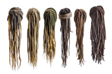 Set of dreadlocks in various shades displayed on a bright white background showing unique textures and styles