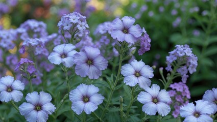 Purple and white flowers in a garden, with green foliage in the background.