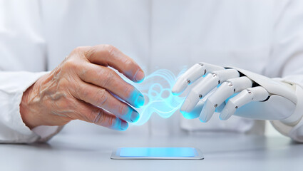 Human Hand and Robotic Hand Interacting with Futuristic Interface on Smartphone,  Technology,  Elderly Care,  Modern Medicine,  AI Assistance.