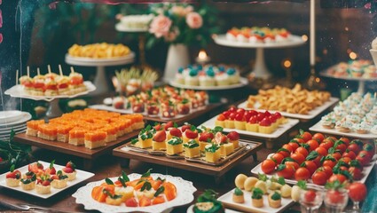 Obraz premium A variety of desserts and pastries displayed on tables for a celebration or event, featuring colorful cakes, fruit tarts, and decorated sweets.