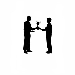 Silhouette of a manager showing appreciation by giving an employee a trophy on white background