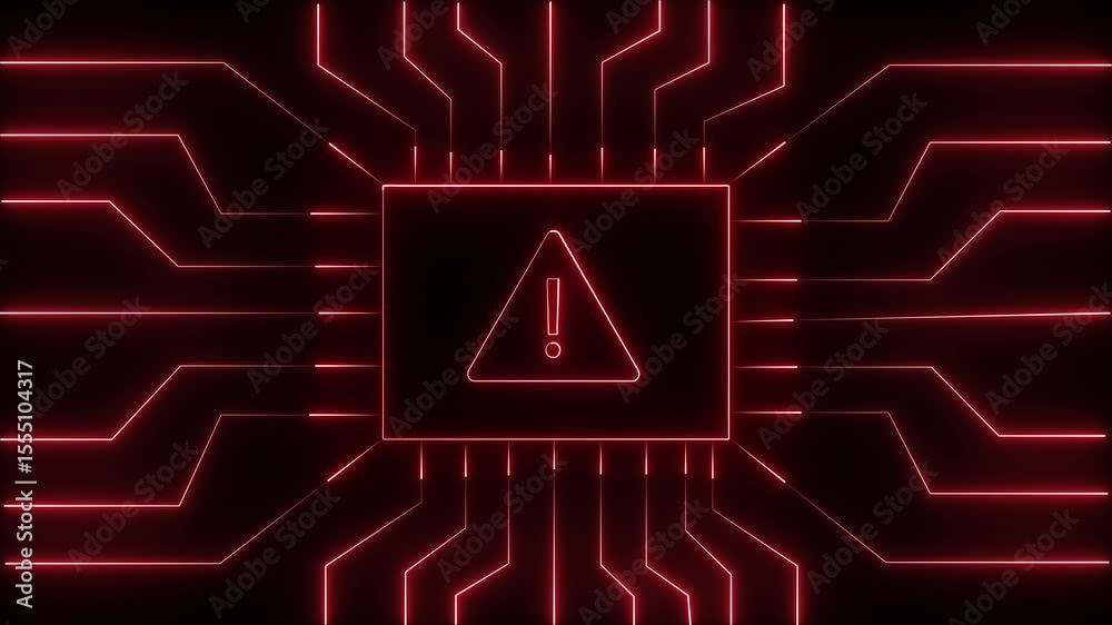 Poster abstract digital circuit board with glowing red warning symbol illuminating technical alert. exclama