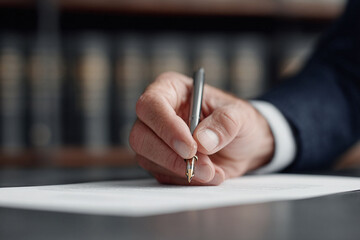 Closeup of a hand signing a document with a fountain pen. Represents agreement, legal matters, signature, and authorship. Ideal for business or law themes.
