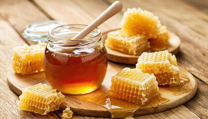 A jar of honey with a wooden dipper sits on a wooden board. Surrounding it are pieces of honeycomb. natural health, eco-f products