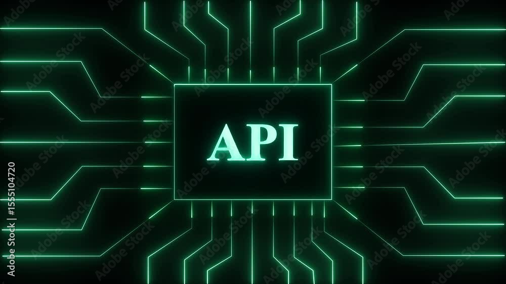 Poster animated visualization of api with glowing circuit board design and futuristic digital connectivity.