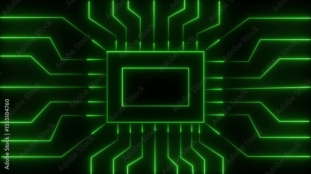 Poster illuminated green circuit board design showing technology and data processing visualization in a fut