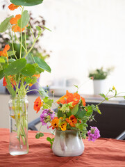 Florist creating colorful flower arrangement with nasturtiums and verbenas