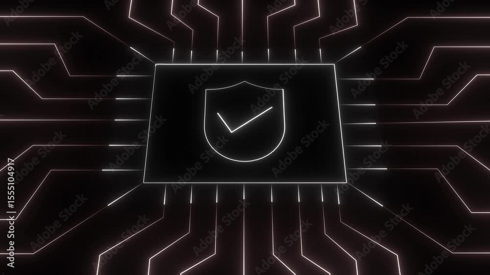 Poster animated circuit board with shield icon representing data security and digital protection concepts