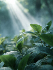 Lush green foliage glistens with morning dew, illuminated by ethereal sunlight streaming through the trees. Symbolizes growth, renewal, and the beauty of nature.
