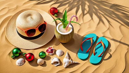 A beach postcard with a straw hat, sunglasses, a coconut drink with a straw, Christmas ornaments, and flip-flops on golden sand.