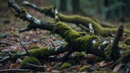 Obraz premium Moss-covered fallen tree branch on forest floor with leaves and twigs. Nature, decay, and woodland scene. The image depicts a moss-covered fallen tree in a forest environment.