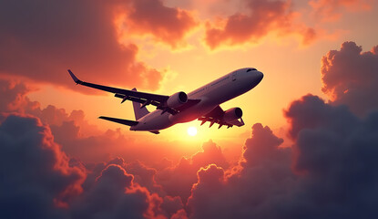 airplane in the sunset sky