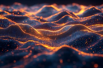 Digital landscape with glowing particles and blue waves for data visualization and technology