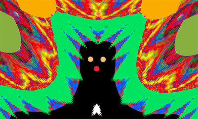 A symmetrical design features a central black silhouette with two circular eyes and a small red circle for a nose. Surrounding it are vibrant, multicolored patterns, creating a psychedelic visual. 