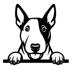 Obraz premium A bold and striking black and white vector graphic captures a friendly dog portrait. the dog is a bull terrier, it features distinctive markings and a playful expression.