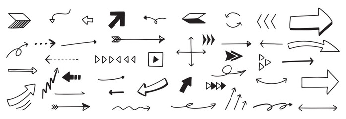 Hand Drawn line art Arrows set collection on transparent Background