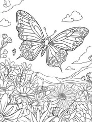 Fototapeta premium Black and white line art coloring page featuring a detailed butterfly amidst flowers and landscape
