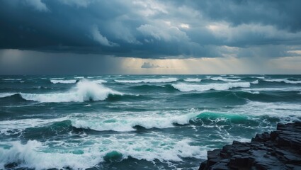 Rough ocean waves crashing against rocks under stormy clouds.