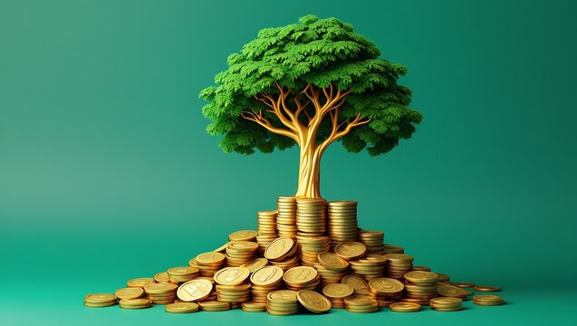 A vibrant green tree with a golden trunk and branches grows from a large overflowing pile of shiny gold coins on a solid teal background symbolizing financial growth and prosperity