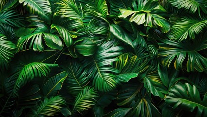 Lush green tropical leaves filling the frame, creating a dense jungle or plant backdrop.