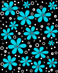 Bright blue floral pattern on a black background with white polka dots 