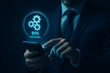 Businessman using smartphone with glowing update progress bar and gears