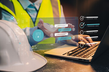 Ai chat bot. Digital Transformation in Construction Industry with AI Technology and Worker Collaboration on Laptop