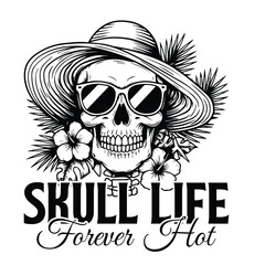 A stylish skull wearing sunglasses and a hat with tropical flowers for a summer funny t-shirt design
