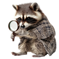 Fototapeta premium curious detective raccoon with a magnifying glass, isolated on a transparent background, cutout
