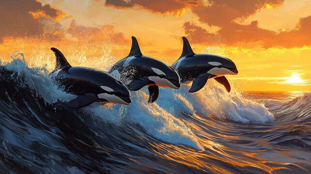 Three orcas leap from ocean waves at sunset. (1)