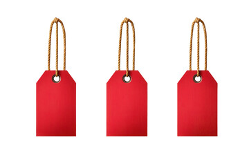 Four vibrant red hanging sale tags with wobbly edges ready for retail promotions and discounts against a light background
