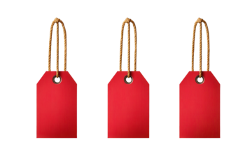 Four vibrant red hanging sale tags with wobbly edges ready for retail promotions and discounts against a light background