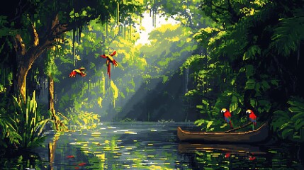 Emerald Canopy: A serene scene of a tropical rainforest with a calm river, lush vegetation, and vibrant macaw. Light streaming through the leaves creating a dreamlike atmosphere. 