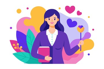 Create a vibrant and heartwarming Teacher’s Day illustration featuring a confident and friendly female teacher holding a book in one hand and a pointer in the other. 