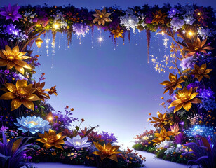 Metallic Framed Floral Abstract in Copper, Gold and Silv er combined with Natural Elements and Lights on Blue 121