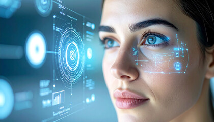 The Future of Vision: A woman gazes towards a futuristic interface, with elements of augmented reality overlaid upon her vision, demonstrating the technology of tomorrow.
